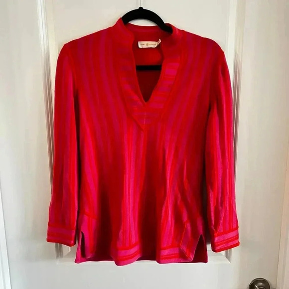 386 ToryBurch Womens Gina Cotton Tunic Top Bloom Size XS Color Red Pink - Picture 1 of 4